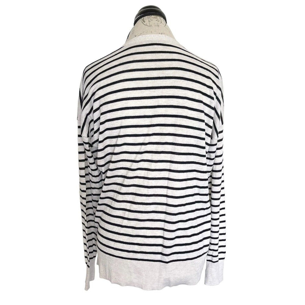 Loft Womens  Sweater Medium Cardigan Button Down Striped Beige Wool Blend Ribbed - Picture 3 of 12